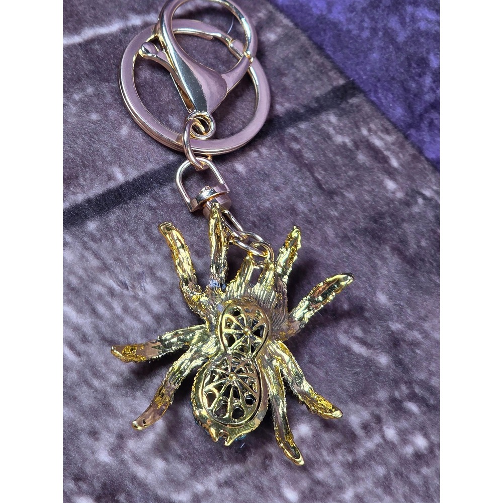 Spider Keychain Gold Tone Blue Rhinestones Jeweled Bug Purse Charm Bling - Picture 7 of 10